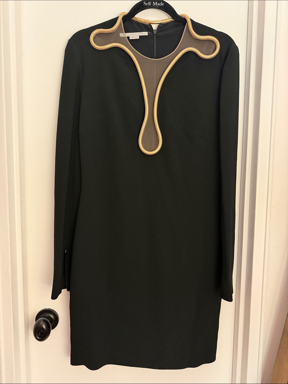 Stella McCartney Black Long-Sleeve Dress with Cream Plunge and Gold Piping